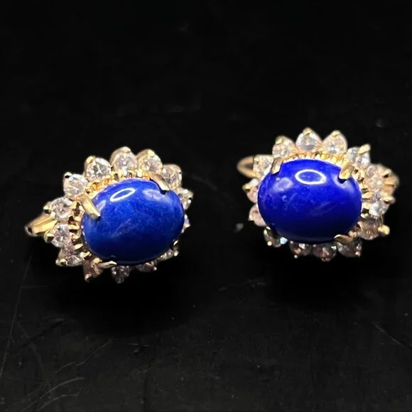 Vintage Lapis Lazuli & Swarovski Crystal Leverback Drop Earrings 18K HGE - Picture 2 of 5